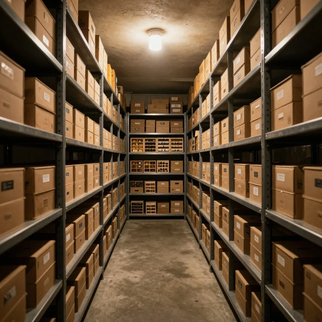 Archivo de libros contables en estantes de madera bajo luz ámbar