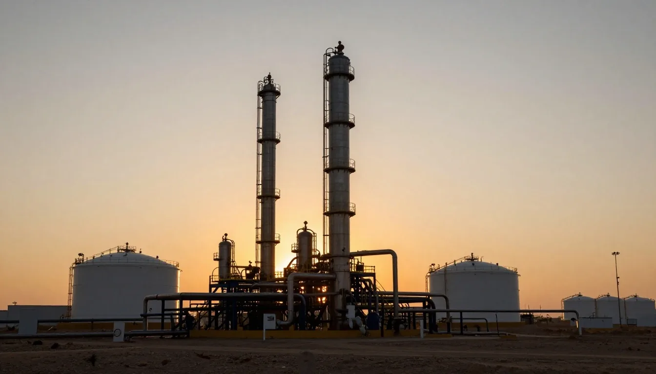 Instalación de procesamiento de gas bajo luz de atardecer
