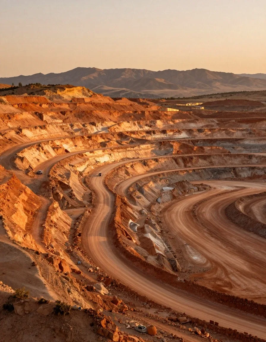 Mina de cobre a cielo abierto en paisaje desértico al atardecer